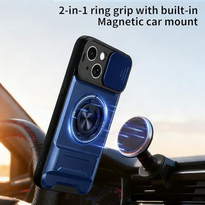 Dssairo for iPhone 15 case with 360°Rotation Magnetic Ring Compatible with MagSafe Slide Camera Cover Foldable Stand Military-Grade Shockproof Protective case (Blue, iPhone 15) - color: Blue, size: iPhone 15