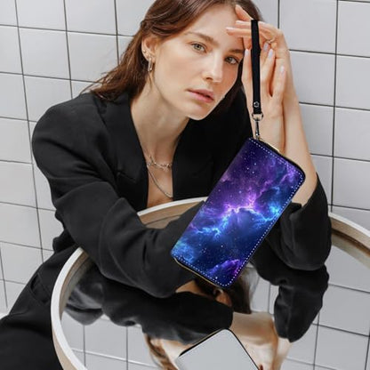 Ladies Wallet,Clutch Purses for Women Wallets Leather Credit Card Holder for Women Wristlet Slim Small Cute with Zipper,Thin RFID Blocking with Wrist Strap,Blue Purple Galaxy - color: Blue Purple Galaxy