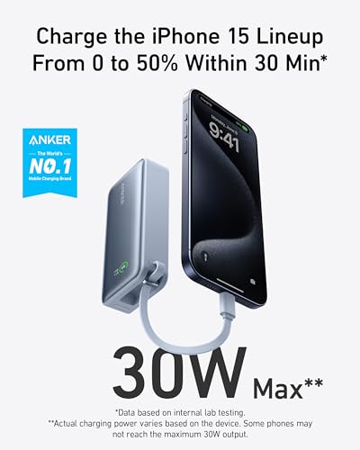 Anker Nano Power Bank,10,000mAh 30W Portable Charger,Built-in USB-C Cable - color: Ice Lake Blue