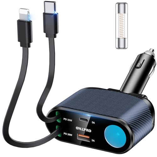 OHLPRO Retractable Car Charger Cigarette Lighter Adapter, 168W 5 in 1 Fast Phone Charging Built-in Replaceable Fuse, Socket Splitter with USB C and USB i Cord, Fit for Phone iPad Galaxy GPS, Blue - size: USB-C+USB-I