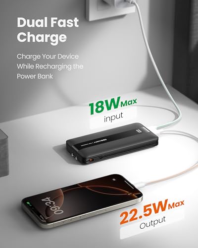 Portable Charger with Wall Plug, Fast Charging Power Bank Built-in Cables, Slim 10500mAh 22.5W 4 Outputs 3 Inputs LED Display External Battery Pack Compatible with iPhone/Android (Black) - color: Black