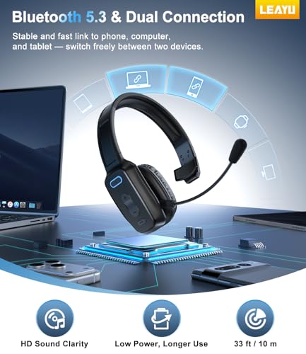 Trucker Bluetooth Headset, 60-Hour AI Noise-Canceling Mic for Driving