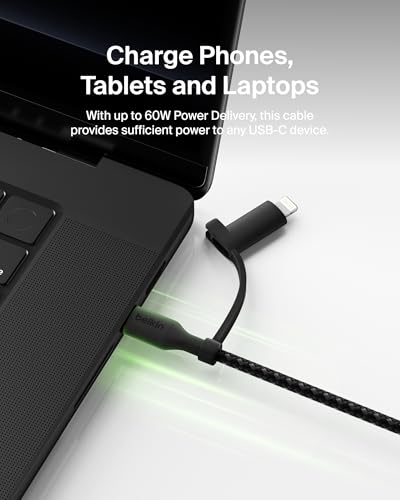 Belkin 2 in 1 USB C to USB C & Lightning Braided Cable 5ft Charger Cord - color: Black