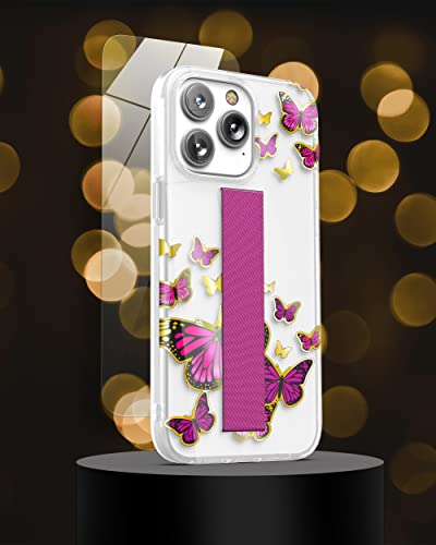 ENCASED Bando Series Designed for iPhone 14 PRO MAX Case with Hand Strap Loop and Screen Protector (Clear/Pink Butterfly) - color: Pink Butterfly