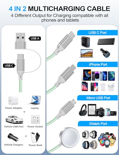 4-in-2 Multi Charging Cable for Apple Watch Charger/iPhone/Galaxy Charger - color: 2-Green+Green, size: 1.2M