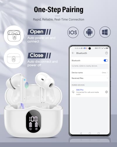 Wireless Earbuds, Bluetooth 5.4 Headphones Bass Stereo/Clear Calls, White - color: White