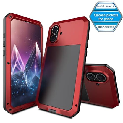 for iPhone 16 Metal Case 6.1",Heavy Duty Shockproof Aluminum Alloy Tough Armour Military Grade Phone Case,360 Full Body Protective Cover with Silicone Built-in Screen Protector - Red - color: Red