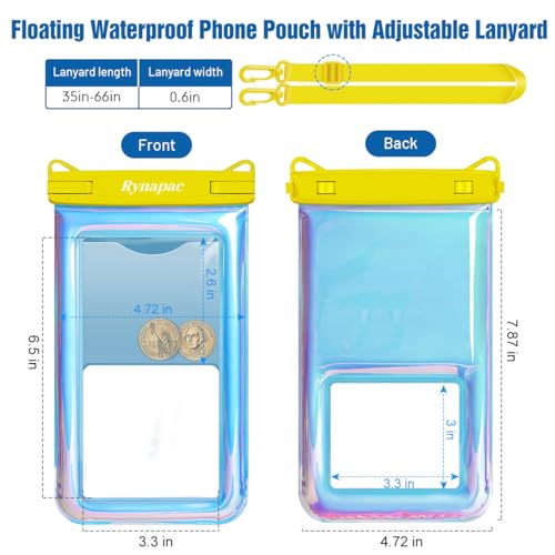 Rynapac Waterproof Phone Pouch Floating [Up to 8.5''], 2 Pack IPX8 Dry Bag | Touchscreen & Underwater Photography, Adjustable Lanyard, for iPhone 17 16 15 14 Pro Max, Gglaxy S25, Beach Cruise Essentials - color: Iridescent, size: Regular Size [8.5inch]