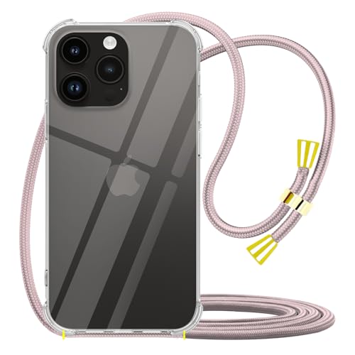 Crossbody Case for iPhone 14 Pro Shockproof Protective Cover Soft Transparent TPU Anti-Scratch Anti-Yellowing Shock-Absorbent for iPhone 14 Pro Phone Case with Adjustable Lanyard Strap - Rose - size: for iPhone 14 Pro