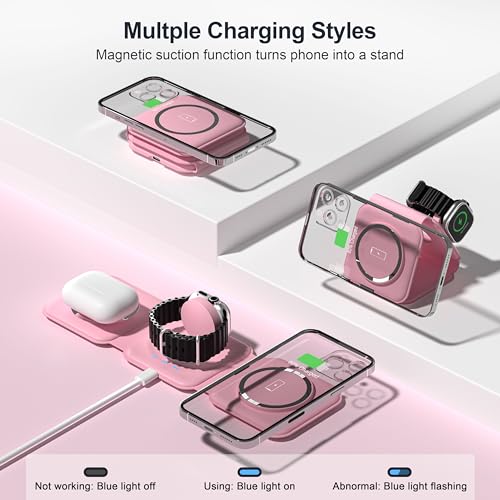 3 in 1 Charging Station for Multple Devices,Foldable 3 in 1 Wireless Charger for Travel,Nano Wireless Charging Station for iPhone16 15 14 13 12 Pro Max/Watch 10 9 8 7 6 5 4 3 Ultra/AirPod Pro - color: Pink