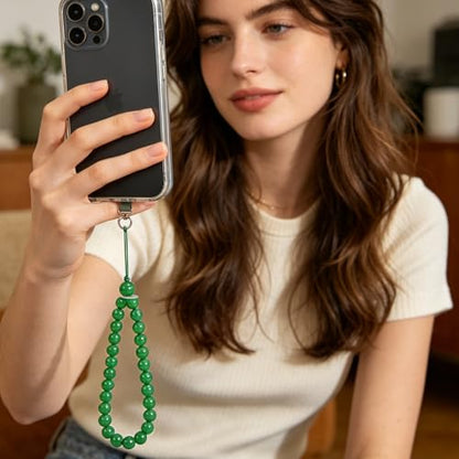 Agate Beaded Phone Wrist Strap for Women Men Stone Beads Charm Handmade Cellphone Chain Lanyard with Tether Tab - color: Green-2, size: 8mm Beads