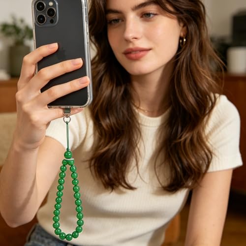 Agate Beaded Phone Wrist Strap for Women Men Stone Beads Charm Handmade Cellphone Chain Lanyard with Tether Tab - color: Green-2, size: 6mm Beads