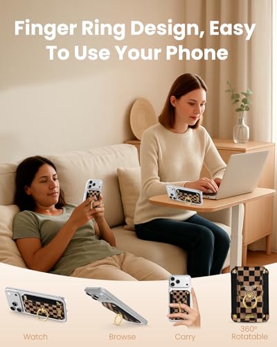Shorogyt Compatible with Magsafe Wallet with Ring Grip Magnetic Card Holder - Cute Phone Wallets with Stand for iPhone 17/16/15/14/13/12 Series for Women Girls Black Grid Design, Fit 7 Cards - color: Black Grid