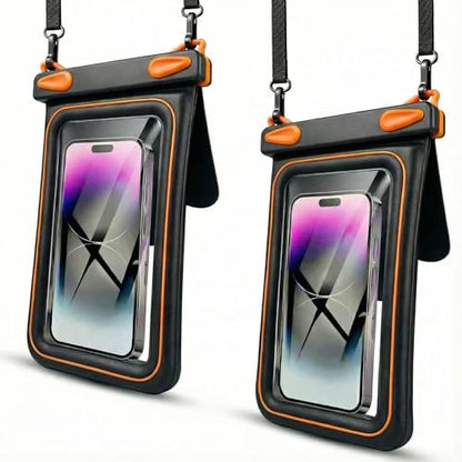 2 Pack Floating Phone Pouch with Dual Compartments, IPX8 Rated Waterproof Case for Rain, Beach, Boating & Kayaking, Clear Touch Screen, Fits Phones Up to 8.5”(Black-Black)