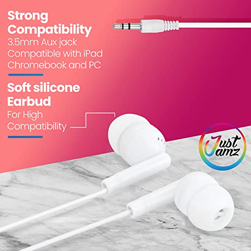 JustJamz Pearl White Bulk Earbuds 30 Pack – Wired Earphones 3.5mm Jack | Disposable Headphones for Classroom, Kids, Home & Family | Ear Buds Bulk