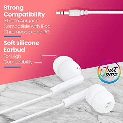 JustJamz Pearl White Bulk Earbuds 30 Pack – Wired Earphones 3.5mm Jack | Disposable Headphones for Classroom, Kids, Home & Family | Ear Buds Bulk