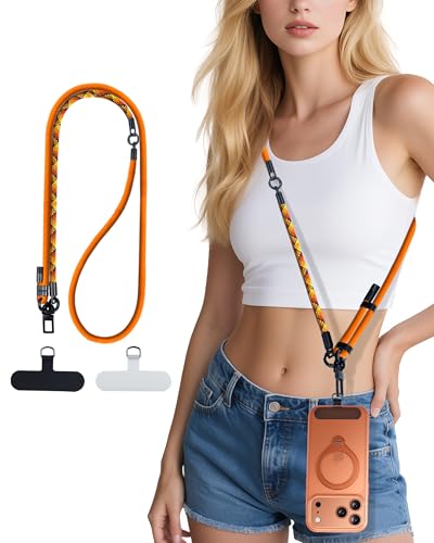 Phone Lanyard Crossbody, 3-in-1 Neck Strap& Wrist Strap, Adjustable Anti-Theft Lanyard with 2 Phone Tether Tabs, Universal CellPhone Strap for iPhone 17 Pro Max & Android, Orange - color: Orange