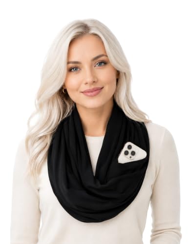 Pop Fashion Quatrefoil Pattern Infinity Scarf for Women - Travel Scarf with Hidden Pocket - All Seasons - color: All Black, size: 24.5 x 9.5