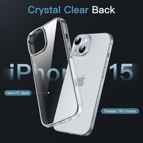 JETech Case for iPhone 15, Anti-Yellowing, Clear | Shockproof Protection, Scratch Resistant Hard PC Back, Durable Transparent TPU Bumper - color: Clear, size: iPhone 15