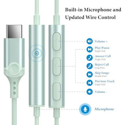 APETOO USB C Headphones for iPhone 18 Pro Max 17 16 15/iPad Air Earbuds - color: Mint Green