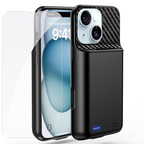 13800mAh High Capacity Battery Case for iPhone 15 Plus (6.7 inch) | 2026 Upgraded Battery Pack Rechargeable Charger External Charging Case with Tempered Glass Screen Protector Black