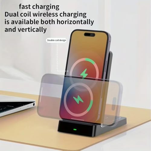 2 in 1 Dual Coil Magnetic Wireless Charger Stand Foldable Desktop Fast Charging Station for iPhone 17 16 15 14 13 12 for Airpods (Black)