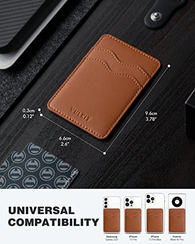 VULKIT Stick on Card Holder Compatible for iphone Leather Cell Phone Wallet Credit Card Case Strong Sticker for Women - color: Brown