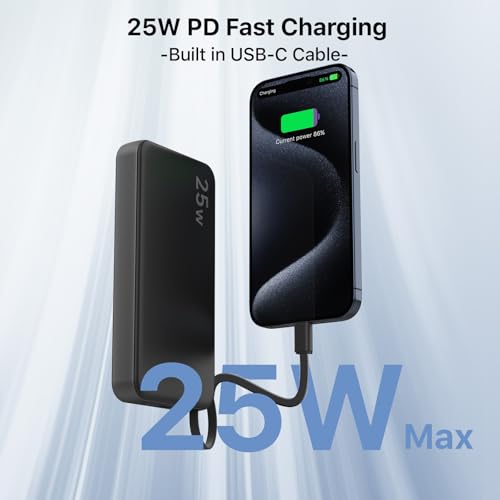NOBIS Portable Charger 10000mAh 25W Power Bank with Built-in Cable - color: Black