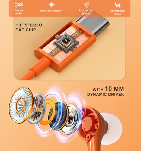 Wired Earbuds USB C for iPhone 17 Pro Max 15 16 iPad Air Pro 11/13 Orange - color: Orange