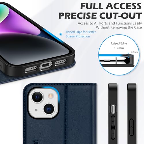 SHIELDON Genuine Leather Case Wallet for iPhone 14 6.1" 2022, Navy Blue | Folio Magnetic Closure, RFID Blocking, Credit Card Holder, Kickstand, Shock Absorbing Protective Cover - color: Navy Blue