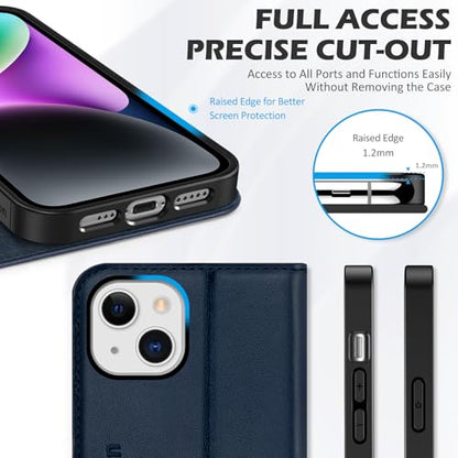 SHIELDON Genuine Leather Case Wallet for iPhone 14 6.1" 2022, Navy Blue | Folio Magnetic Closure, RFID Blocking, Credit Card Holder, Kickstand, Shock Absorbing Protective Cover - color: Navy Blue