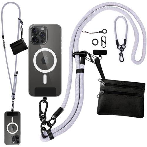 Newlibery Phone Lanyard Crossbody Wrist Strap, Clip and Go Strap for Phone with Wallet, Adjustable Anti-Theft Cell Phone Strap for All Smartphones, (Gray Lanyard + Black Wallet) - color: Light Gray