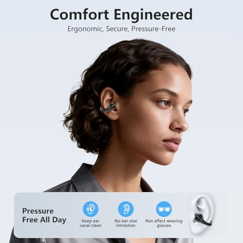 Open Ear Bone Conduction Headphones Bluetooth 5.3 Wireless Clip On Earbuds with Digital Display Charging Case 60 Hours Playtime Sport Earphones Built-in Mic IPX7Waterproof for Running Fitness Exercise