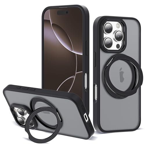 for iPhone 16 Pro Case with 360° Spin Magnetic Stand,Black | iPhone 16 Pro Phone Case 6.3",Spin Magnetic Ring Stand,Compatible with MagSafe,Military Protection,Translucent Matte - color: Black, size: iPhone 16 Pro