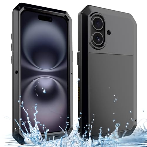 for iPhone 16 Metal Case 6.1",Heavy Duty Shockproof Aluminum Alloy Tough Armour Military Grade Phone Case,360 Full Body Protective Cover with Silicone Built-in Screen Protector - Black - color: Black