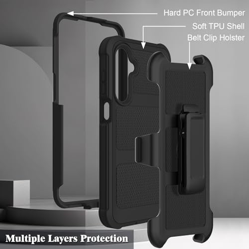 for Samsung Galaxy A16 5G Case with 2 Pack Tempered Glass Screen Protector, [Holster Series] Belt Clip Hard Tough Heavy Duty Rugged Shockproof Protective Cell Phone Case (Black) - color: Black
