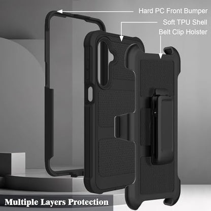 for Samsung Galaxy A16 5G Case with 2 Pack Tempered Glass Screen Protector, [Holster Series] Belt Clip Hard Tough Heavy Duty Rugged Shockproof Protective Cell Phone Case (Black) - color: Black