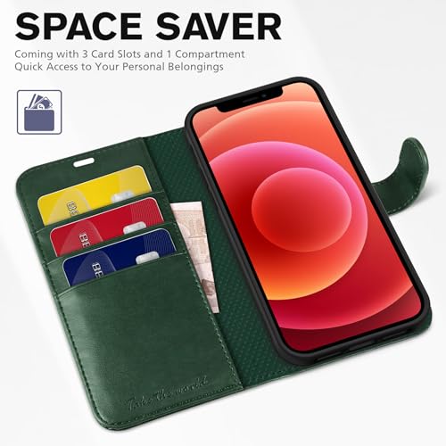 TUCCH Wallet Case for iPhone 12 Pro/12 (6.1") 2020, Flip Stand, Dark Green | RFID Blocking, 3 Card Holders, Kickstand, PU Leather, Shockproof TPU Shell, Magnetic Closure, Protective Folio Cover - color: Dark Green
