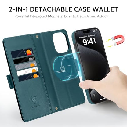 COBEAR for iPhone 15 Pro Max Case Wallet, 2-in-1 Magnetic Detachable, PU Leather, Zipper Pocket, Kickstand, Wrist Strap, Women Men Flip Wallet Case with Card Holder for iPhone 15 Pro Max, Blue Green
