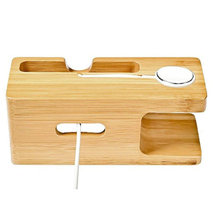 Bamboo Wood Desktop Charging Dock Station Charger Holder Cradle Charge Stand Compatible with iPhone 16 15 14 13 12 11 Pro Max XR XS Max X 8 Plus iWatch 2 3 4 Samsung LG HTC Smartphones - color: 2 in 1 Charger Stand