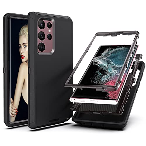 YmhxcY for S22 Ultra Case, Drop Proof 3-Layer Durable Cover/Shockproof Armor Drop Protection/Solid Rubber Protective Matte Cover for Galaxy S22 Ultra 6.8”-Black - color: Black