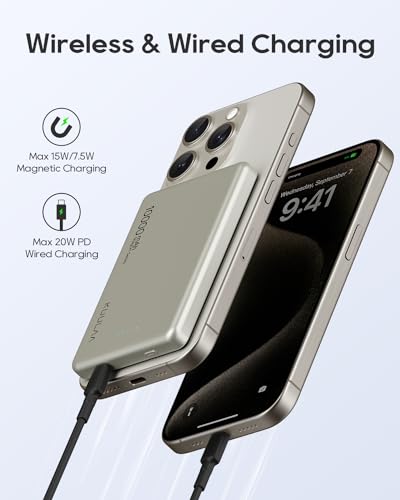 Kuulaa 10000mAh Magsafe Battery Pack 0.47IN Ultra Slim Magnetic Portable Charger Wireless Magsafe Power Bank Compatible with iPhone 16/15/14/13/12 Series