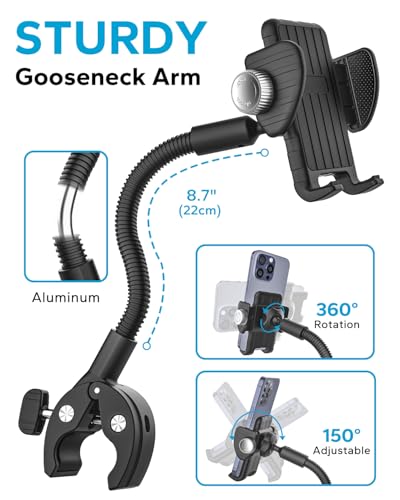 GDZN Gooseneck Handlebar Phone Holder for Stroller/Wheelchair/Treadmill/Spin Bike/Golf Cart/Boat/Mic Stand/Gym Bicycle Phone Clamp, Compatible with iPhone Pro Max 17/16/15, Galaxy, 4.7-7" Smartphones