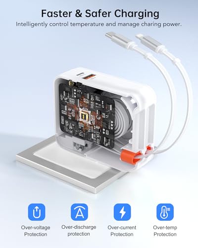 4-in-1 Retractable USB C Wall Charger, Fast Charging USB C &Lightning Cable - color: B-White