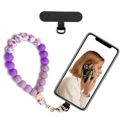 Silicone Beaded Phone Wrist Strap for Women, Elastic Wristlet - color: Purple