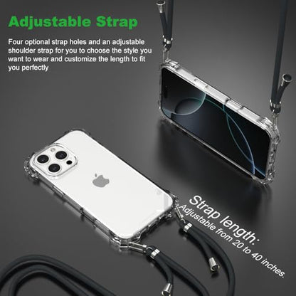 for iPhone 16 Pro Max Crystal Clear Case with Detachable Adjustable Crossbody Strap, Slim Fit Shockproof Protective Phone Case with Anti-Lost Shoulder Neck Lanyard 6.9" 2024 - size: iPhone 16 Pro Max