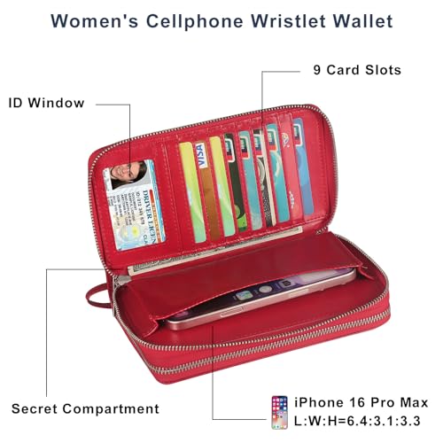 Women’s Wallet for Cell Phone Anti Theft Wristlet Bag with Strap RFID Blocking Double Zipper, Red - color: Red