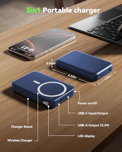 Portable Charger for Magsafe Battery Pack,10000mAh Power Bank with Foldable Stand,Travel Essential PD 22.5W Fast Charge,Magnetic Charge Wireless Charger for iPhone 17/16/15/14/13 (Navy)