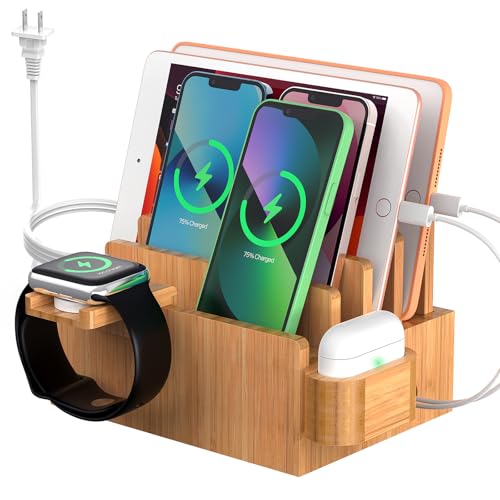 Bamboo Charging Station for Phone, Watch&Earbud with 5-Port HUB & 5 Cables - color: Dock Stand +Cables +Charger