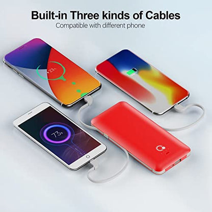 10000mAh Portable Charger, Slim USB B C Power Bank,4 Output External Battery Pack with Built-in AC Wall Plug Micro and USB C Three Cables Compatible with All mobilephone